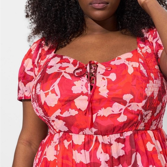 NEW Torrid Floral Square Neck Lace-Up Smocked Midi Dress Shade Rose Size 1X - Picture 7 of 16